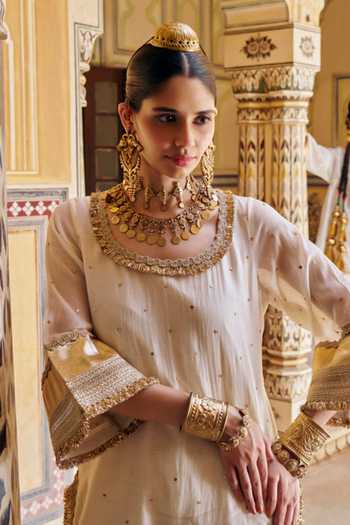 Buy_Preevin_Ivory Organza, Chanderi Silk Round Neck, Yes Mukaish Work Kurta Palazzo Set _Online_at_Aza_Fashions