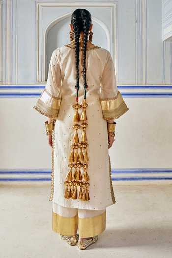 Shop_Preevin_Ivory Organza, Chanderi Silk Round Neck, Yes Mukaish Work Kurta Palazzo Set _at_Aza_Fashions