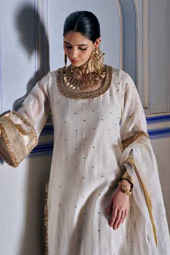 Shop_Preevin_Ivory Organza, Chanderi Silk Round Neck, Yes Mukaish Work Kurta Palazzo Set _Online_at_Aza_Fashions