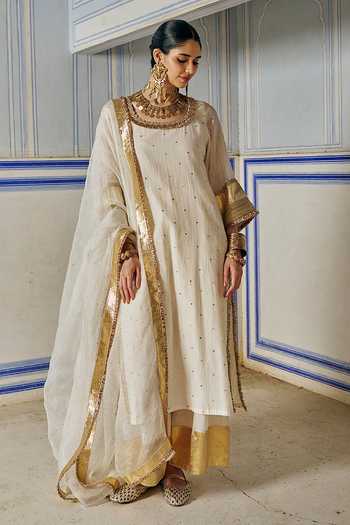 Preevin_Ivory Organza, Chanderi Silk Round Neck, Yes Mukaish Work Kurta Palazzo Set _at_Aza_Fashions