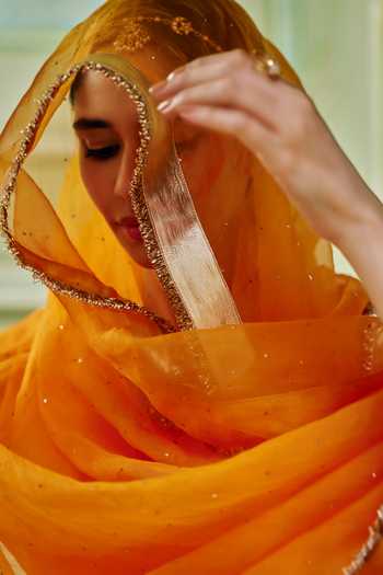 Preevin_Orange Organza, Chanderi Silk Scoop Neck Embroidered Kurta Set _Online_at_Aza_Fashions