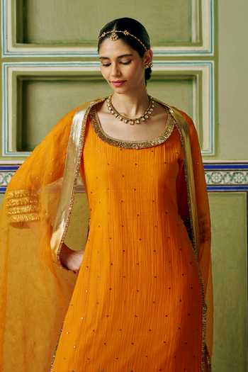 Buy_Preevin_Orange Organza, Chanderi Silk Scoop Neck Embroidered Kurta Set _Online_at_Aza_Fashions