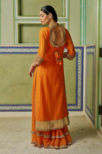 Shop_Preevin_Orange Organza, Chanderi Silk Scoop Neck Embroidered Kurta Set _at_Aza_Fashions