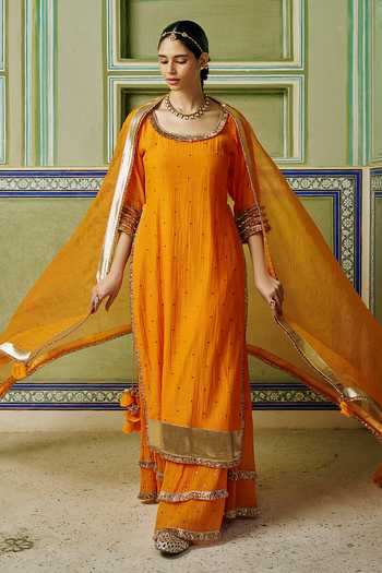 Shop_Preevin_Orange Organza, Chanderi Silk Scoop Neck Embroidered Kurta Set _Online_at_Aza_Fashions