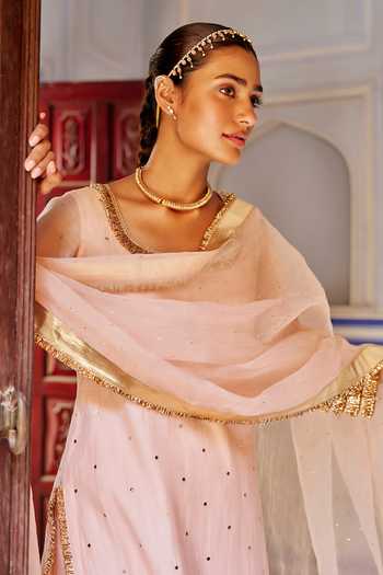 Preevin_Pink Organza, Chanderi Silk Square Vintage Blush Straight Kurta Sharara Set _Online_at_Aza_Fashions