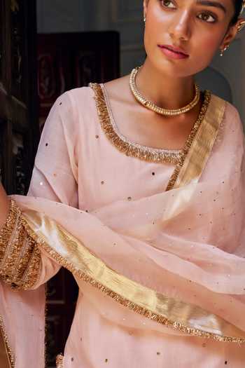 Buy_Preevin_Pink Organza, Chanderi Silk Square Vintage Blush Straight Kurta Sharara Set _Online_at_Aza_Fashions