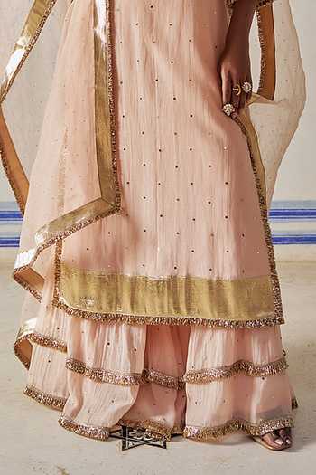 Shop_Preevin_Pink Organza, Chanderi Silk Square Vintage Blush Straight Kurta Sharara Set _Online_at_Aza_Fashions