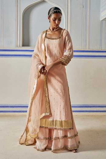 Preevin_Pink Organza, Chanderi Silk Square Vintage Blush Straight Kurta Sharara Set _at_Aza_Fashions