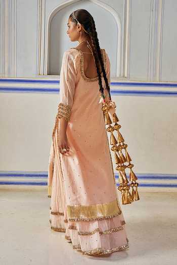 Shop_Preevin_Pink Organza, Chanderi Silk Square Vintage Blush Straight Kurta Sharara Set _at_Aza_Fashions