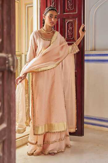 Buy_Preevin_Pink Organza, Chanderi Silk Square Vintage Blush Straight Kurta Sharara Set 