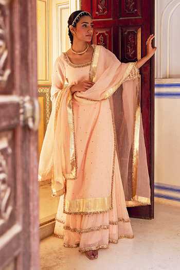 Shop_Preevin_Pink Organza, Chanderi Silk Square Vintage Blush Straight Kurta Sharara Set 