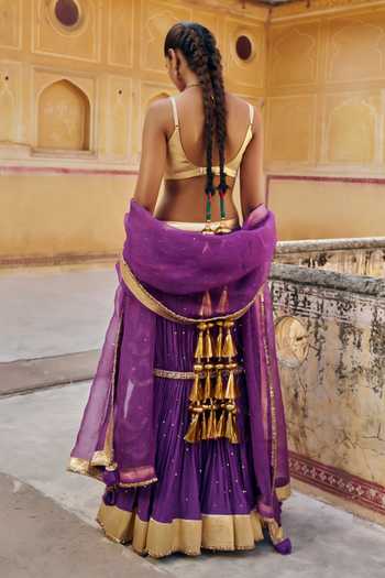 Shop_Preevin_Gold Organza, Chanderi Silk Sweetheart Neck Mukaish Fish Cut Lehenga Set _at_Aza_Fashions
