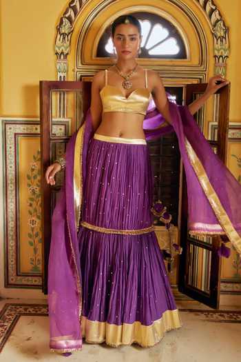 Shop_Preevin_Gold Organza, Chanderi Silk Sweetheart Neck Mukaish Fish Cut Lehenga Set 