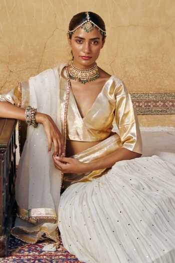 Preevin_Gold Organza, Chanderi Silk V-neck Zari Embroidered Lehenga Set _Online_at_Aza_Fashions