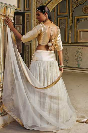 Shop_Preevin_Gold Organza, Chanderi Silk V-neck Zari Embroidered Lehenga Set _at_Aza_Fashions