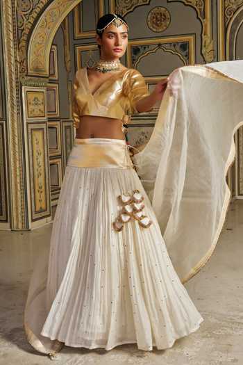 Shop_Preevin_Gold Organza, Chanderi Silk V-neck Zari Embroidered Lehenga Set _Online_at_Aza_Fashions