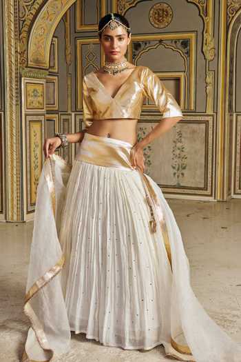 Buy_Preevin_Gold Organza, Chanderi Silk V-neck Zari Embroidered Lehenga Set _at_Aza_Fashions