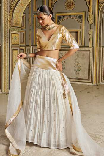 Preevin_Gold Organza, Chanderi Silk V-neck Zari Embroidered Lehenga Set _at_Aza_Fashions
