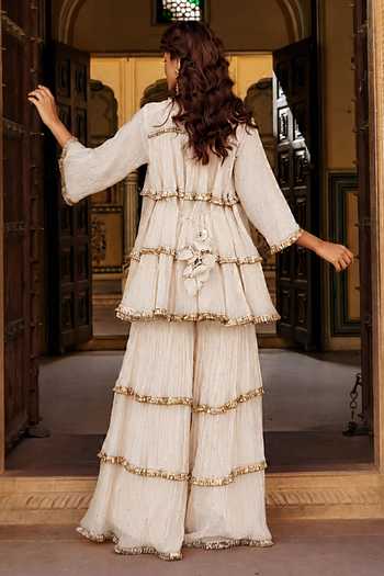 Shop_Preevin_Ivory Organza, Chanderi Silk Round Neck Tiered Kurta Sharara Set _at_Aza_Fashions