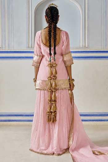 Shop_Preevin_Pink Organza, Chanderi Silk Round Neck Embroidered Kurta Sharara Set _at_Aza_Fashions