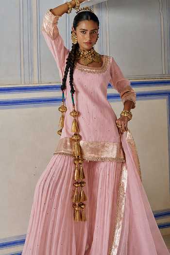 Preevin_Pink Organza, Chanderi Silk Round Neck Embroidered Kurta Sharara Set _Online_at_Aza_Fashions