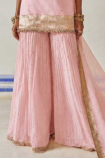 Buy_Preevin_Pink Organza, Chanderi Silk Round Neck Embroidered Kurta Sharara Set _Online_at_Aza_Fashions