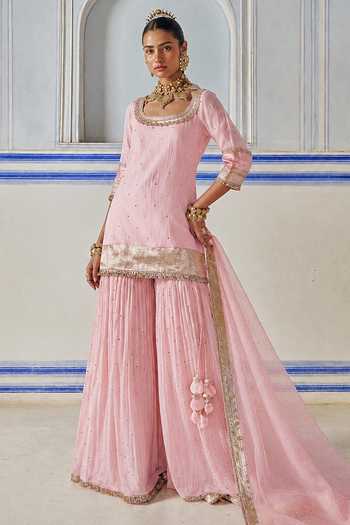 Shop_Preevin_Pink Organza, Chanderi Silk Round Neck Embroidered Kurta Sharara Set _Online_at_Aza_Fashions