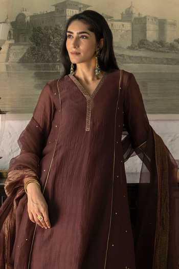 Trendy Tokari_Brown Silk, Chanderi, Cotton, Organza V-neck, Placement Embroidered Kurta Set _Online_at_Aza_Fashions