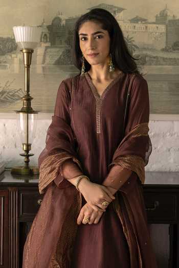Shop_Trendy Tokari_Brown Silk, Chanderi, Cotton, Organza V-neck, Placement Embroidered Kurta Set _Online_at_Aza_Fashions