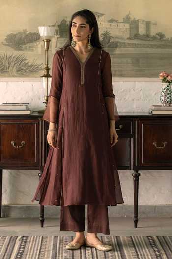 Shop_Trendy Tokari_Brown Silk, Chanderi, Cotton, Organza V-neck, Placement Embroidered Kurta Set _at_Aza_Fashions