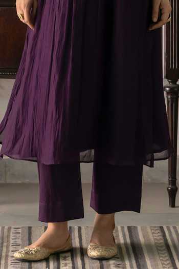 Trendy Tokari_Purple Silk, Chanderi, Cotton, Organza Split V-neck, Yes Pleated Kurta Set _Online_at_Aza_Fashions