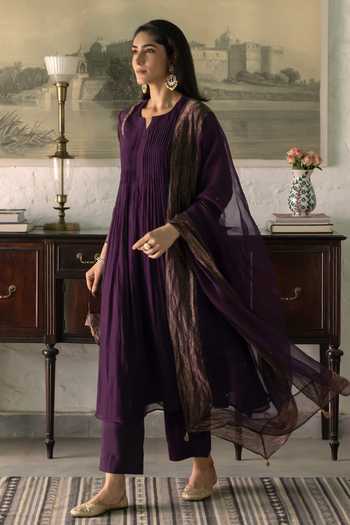 Shop_Trendy Tokari_Purple Silk, Chanderi, Cotton, Organza Split V-neck, Yes Pleated Kurta Set _Online_at_Aza_Fashions