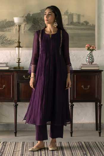 Shop_Trendy Tokari_Purple Silk, Chanderi, Cotton, Organza Split V-neck, Yes Pleated Kurta Set _at_Aza_Fashions