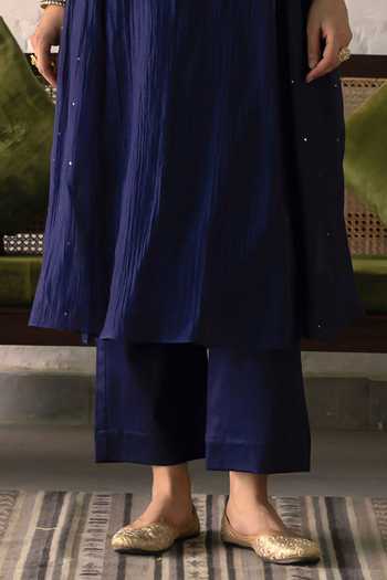 Trendy Tokari_Blue Silk, Chanderi, Cotton, Organza Round Neck Placement Embroidered Kurta Set _Online_at_Aza_Fashions