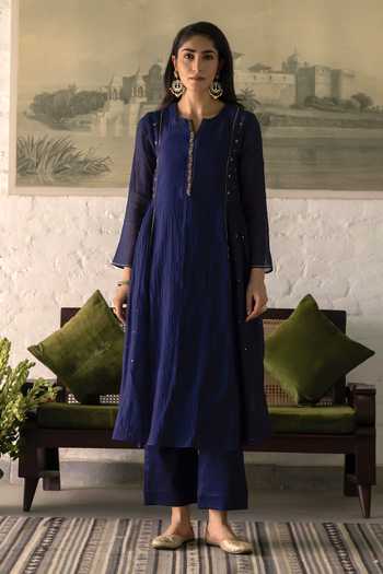 Shop_Trendy Tokari_Blue Silk, Chanderi, Cotton, Organza Round Neck Placement Embroidered Kurta Set _at_Aza_Fashions