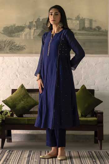Shop_Trendy Tokari_Blue Silk, Chanderi, Cotton, Organza Round Neck Placement Embroidered Kurta Set _Online_at_Aza_Fashions