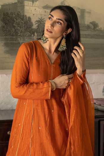 Trendy Tokari_Orange Silk, Chanderi, Cotton, Organza V-neck Sequin Work Kurta Set _Online_at_Aza_Fashions