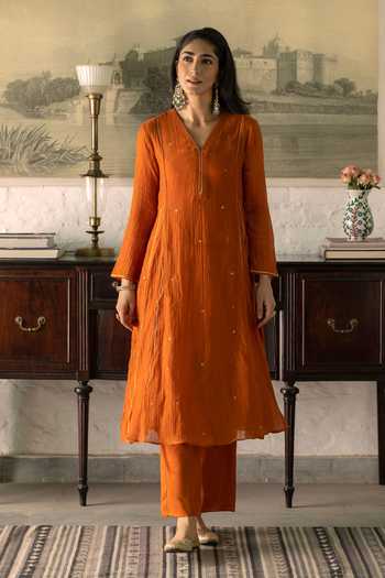 Shop_Trendy Tokari_Orange Silk, Chanderi, Cotton, Organza V-neck Sequin Work Kurta Set _at_Aza_Fashions