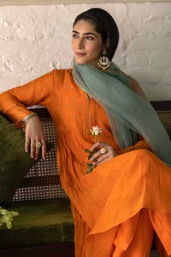 Shop_Trendy Tokari_Orange Silk, Chanderi, Cotton, Organza V-neck Gathered Embroidered Kurta Set _Online_at_Aza_Fashions