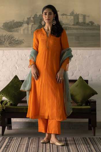 Trendy Tokari_Orange Silk, Chanderi, Cotton, Organza V-neck Gathered Embroidered Kurta Set _at_Aza_Fashions