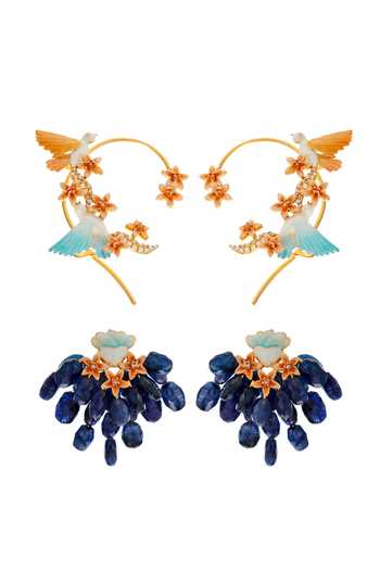 Shop_Raabta By Rahul_Gold Plated Blue Sapphire Karen Earrings And Ear Cuffs Set _at_Aza_Fashions