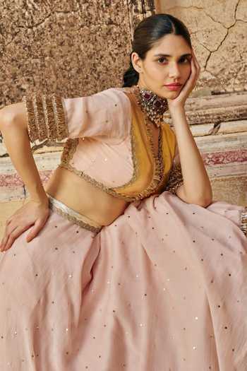 Preevin_Pink Organza, Chanderi Silk V-neck Vintage Blush Double Bordered Lehenga Set _Online_at_Aza_Fashions