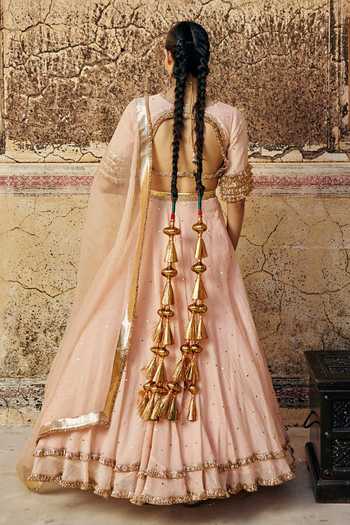Shop_Preevin_Pink Organza, Chanderi Silk V-neck Vintage Blush Double Bordered Lehenga Set _at_Aza_Fashions