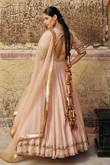 Buy_Preevin_Pink Organza, Chanderi Silk V-neck Vintage Blush Double Bordered Lehenga Set _Online_at_Aza_Fashions