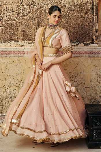 Shop_Preevin_Pink Organza, Chanderi Silk V-neck Vintage Blush Double Bordered Lehenga Set _Online_at_Aza_Fashions