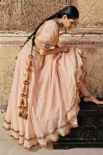 Preevin_Pink Organza, Chanderi Silk V-neck Vintage Blush Double Bordered Lehenga Set _at_Aza_Fashions