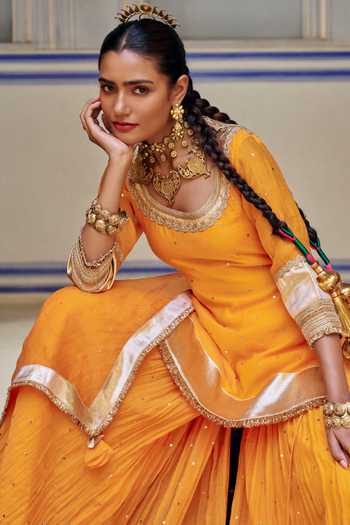 Preevin_Orange Organza, Chanderi Silk Round Neck Embroidered Kurta Sharara Set _Online_at_Aza_Fashions