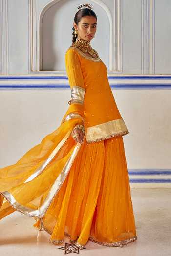 Buy_Preevin_Orange Organza, Chanderi Silk Round Neck Embroidered Kurta Sharara Set _Online_at_Aza_Fashions