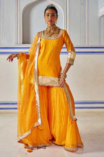 Shop_Preevin_Orange Organza, Chanderi Silk Round Neck Embroidered Kurta Sharara Set _Online_at_Aza_Fashions