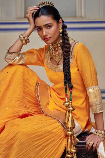 Preevin_Orange Organza, Chanderi Silk Round Neck Embroidered Kurta Sharara Set _at_Aza_Fashions